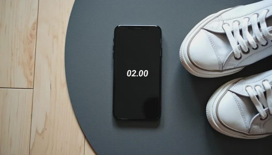 Two-minute rule — how to start working out at home with no equipment A close-up of a phone timer showing two minutes next to a pair of white sneakers on a yoga mat, symbolizing the two-minute rule for starting a beginner home workout.
