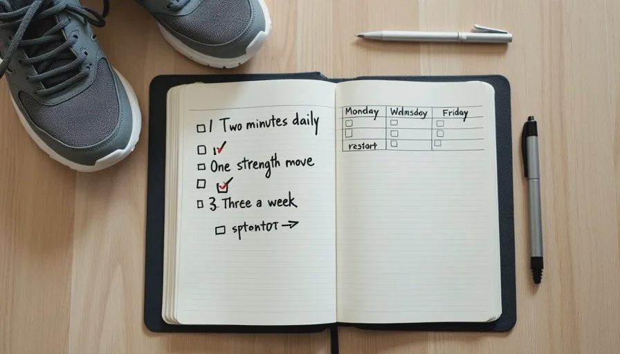 A simple three-step plan for restarting your workout routine A small notebook opened to a page with a handwritten three-step restart plan, next to a pen and a pair of running shoes on a wooden floor.