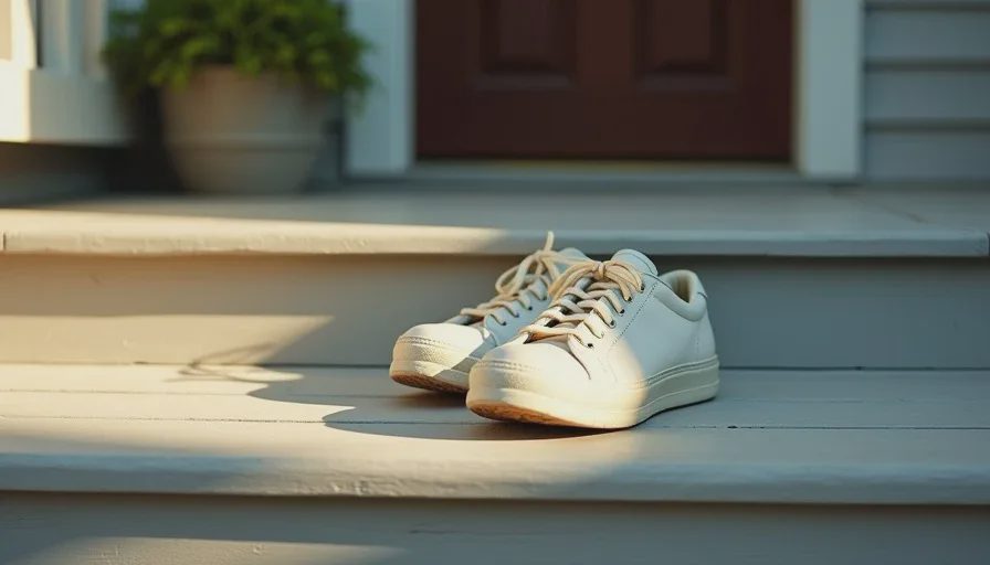 Putting your shoes back on — the first step of starting over A pair of worn white walking shoes on a front porch step, laces tied and ready, with morning light falling across the step and a shadow of a person standing nearby.