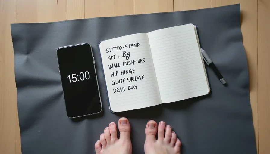 A top-down view of a simple handwritten note with five no-equipment exercises for a quiet 15-minute morning workout, next to a phone timer showing 15:00 and a pair of bare feet on a yoga mat.