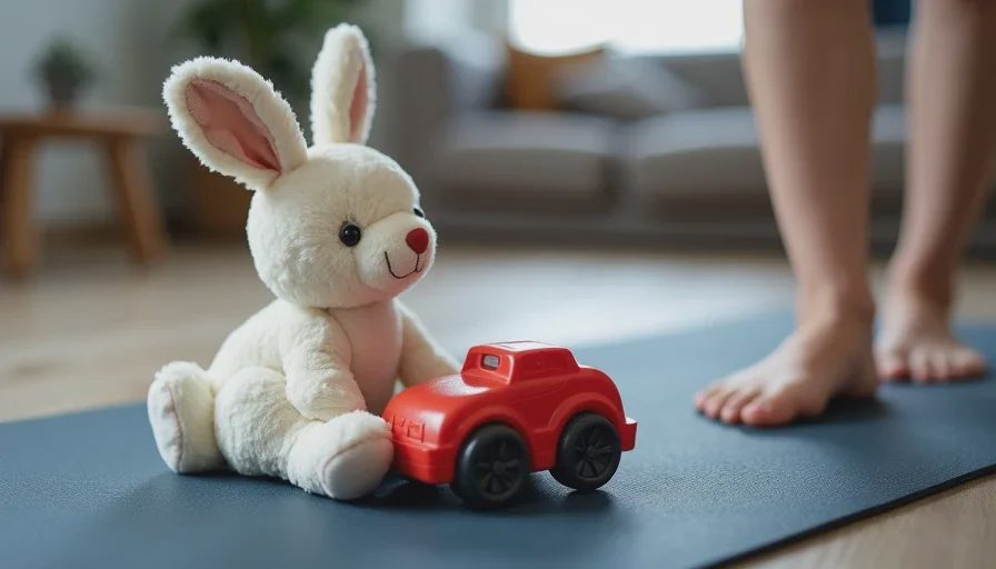 A young child's stuffed bunny and a small toy car sit on the edge of a yoga mat while a parent's bare foot rests beside them during a quiet home workout.