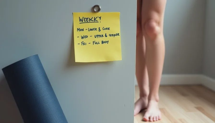 A simple no-gym weekly plan — Monday, Wednesday, Friday A handwritten weekly floor workout plan on a sticky note stuck to a living room wall, next to a yoga mat and a pair of bare feet.