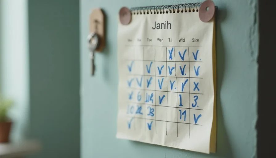 Realistic consistency — most days, not every day A close-up of a paper calendar with blue checkmarks on most days and a few empty days, showing realistic workout consistency without a perfect streak.