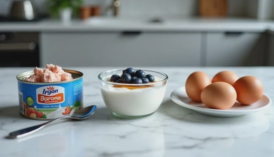 Simple protein sources — no scale needed A can of tuna, a cup of Greek yogurt with berries, and three eggs on a kitchen counter, showing simple protein sources that add up to 30 grams.