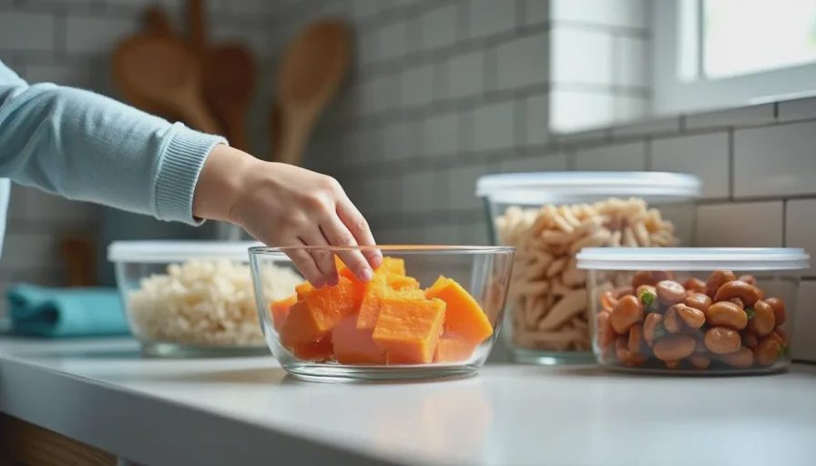 Ingredient prep for family meals — mismatched containers, real life A few mismatched glass and plastic containers hold different food components on a kitchen counter, while a child's hand reaches for a container of roasted vegetables, showing real family meal prep.