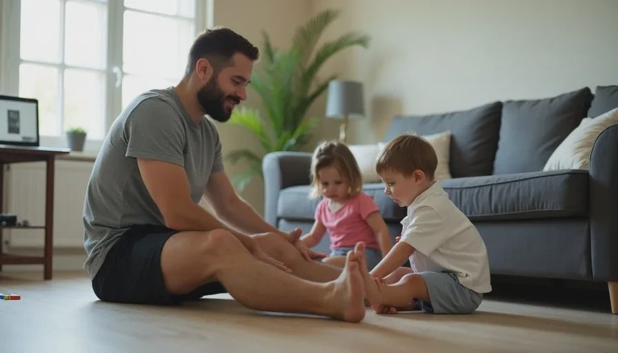 Coach Corey Nelson sits on the living room floor with his two young children, all three doing a simple seated stretch, while a laptop shows a paused workout video nearby.