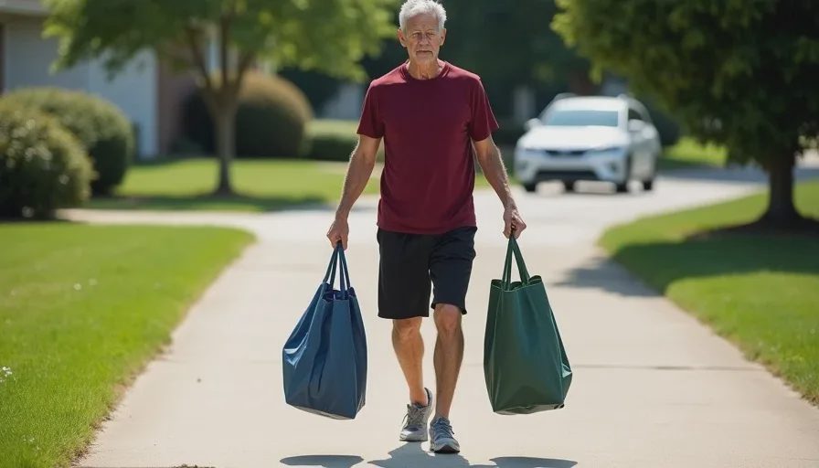 Farmer carry with grocery bags — training for real-life hauling A 50-year-old man performs a farmer carry in his driveway holding two loaded reusable grocery bags, walking with steady posture and a braced core.