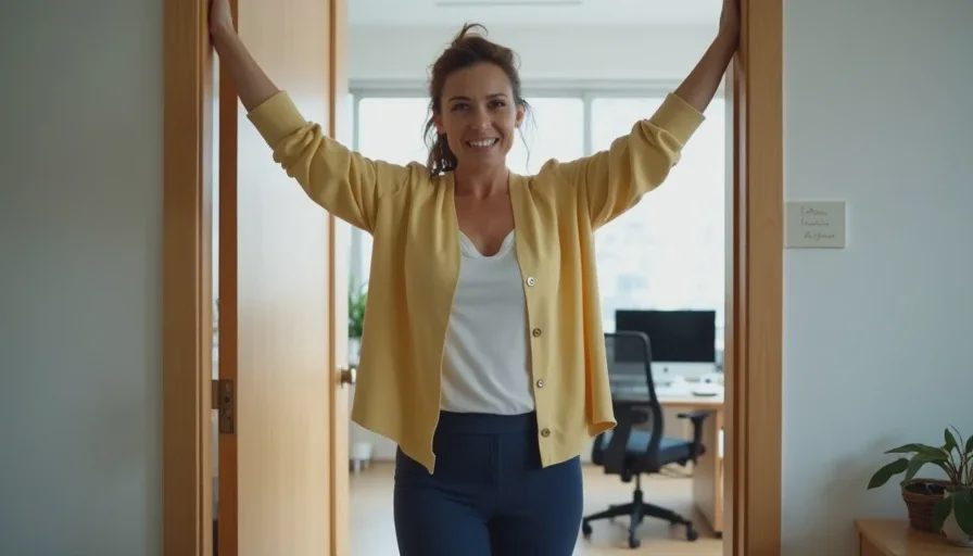 Doorway chest stretch — opening up tight shoulders from desk work A 40-year-old woman in a cardigan does a doorway chest stretch in an office doorway, with her forearms on the frame and one foot forward.