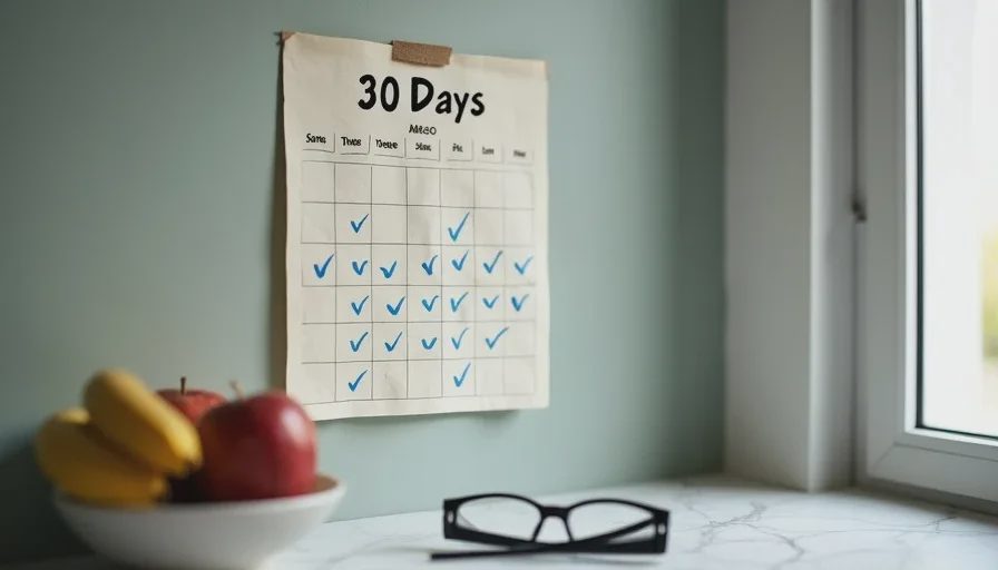 A close-up of a paper calendar with 30 days written at the top and check marks on most days, next to a small bowl of fruit and a pair of reading glasses on a kitchen counter.