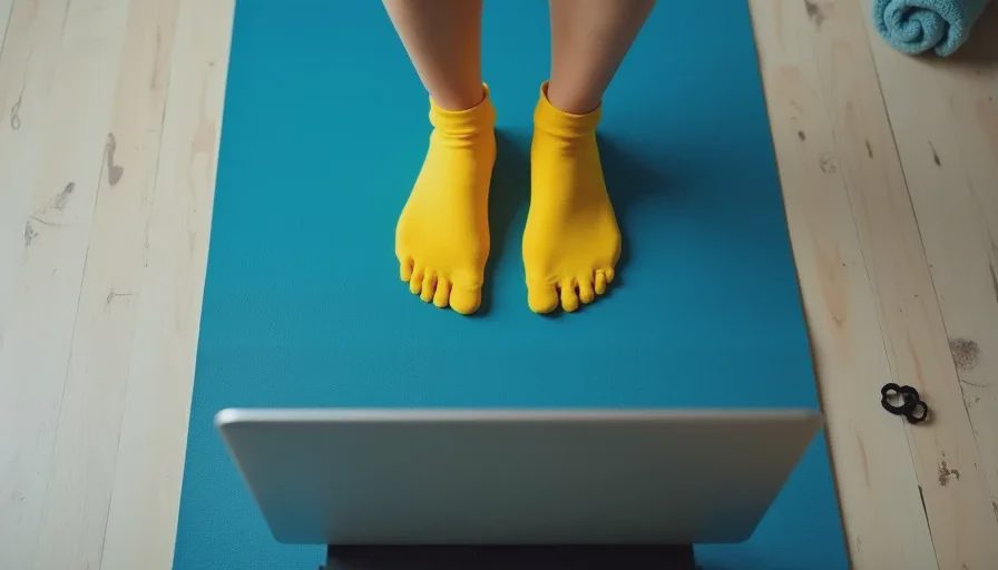 Bright yellow socks — how a camera-shy member shows up to the live workout A pair of bright yellow socks and bare lower legs on a yoga mat, with a laptop camera aimed low to show only the feet and mat, symbolizing a camera-shy workout participant.