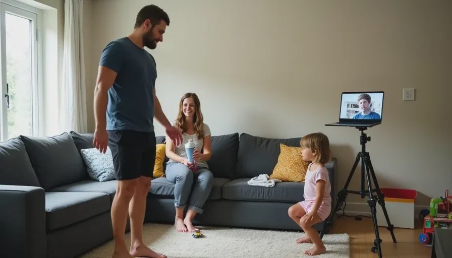 Coach Corey Nelson's living room during a live workout, with his wife Beth and two kids visible in the background, one child doing a squat next to the couch, while Corey demonstrates in front of a laptop.