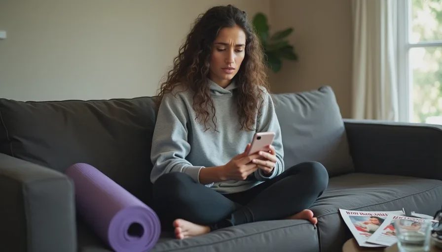 Information overload — why fitness debates confuse more than help A woman in her 30s sits on her couch looking at her phone with a slightly confused expression, surrounded by fitness magazines and a yoga mat, symbolizing information overload.