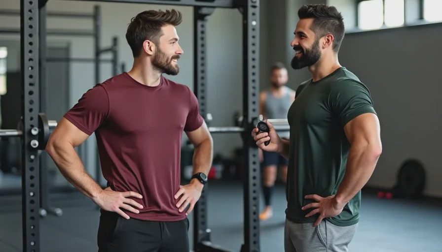 Corey and Derek — different coaching styles, same respect Corey Nelson and his former colleague Derek stand by a squat rack in a gym, laughing together during a break, showing mutual respect between coaches with different training styles.