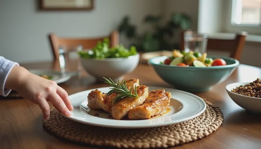 Protein at family dinner — no tracking, just eating A family dinner table with a roasted chicken, a bowl of lentils, and a simple green salad, with a child's hand reaching for a piece of chicken.