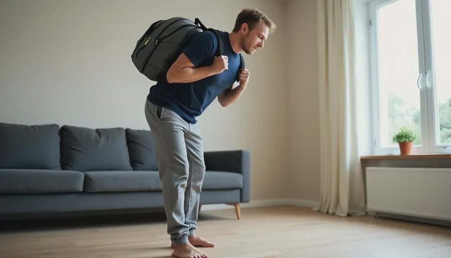 A close-up of a man in his 40s doing a standing hip hinge with a light backpack held against his chest, focusing on form and control in a living room setting.