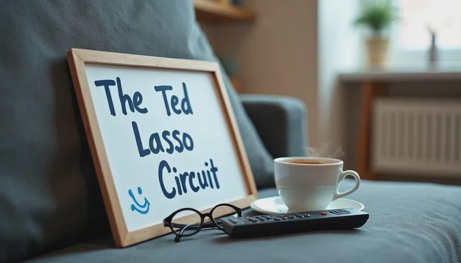 The Ted Lasso Circuit whiteboard — a light-hearted workout name A close-up of a small whiteboard leaning against a couch with "The Ted Lasso Circuit" written in blue marker, next to a TV remote, a pair of reading glasses, and a coffee mug.