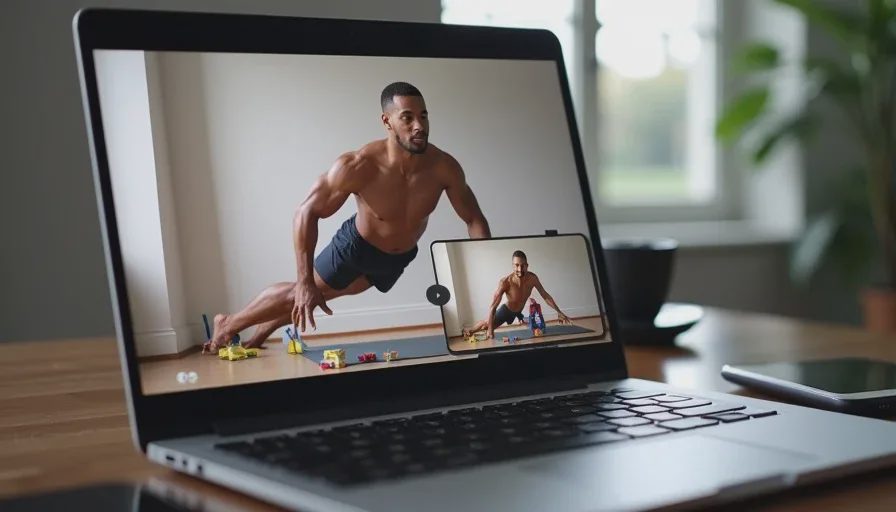 A close-up of a laptop screen showing coach Corey Nelson demonstrating a wall push-up, while a participant in a smaller grid square does the same move from her knees on a yoga mat.