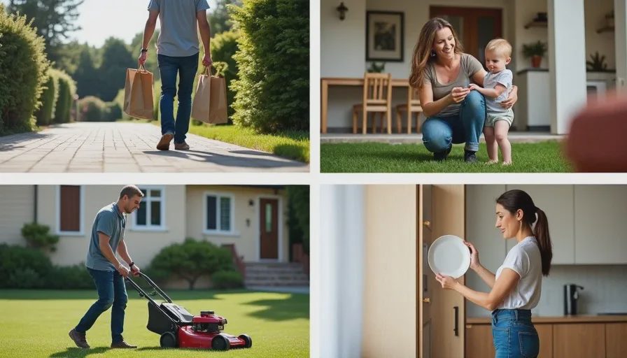 Functional movements you already do every day A collage-style grid showing four daily movements: carrying groceries, picking up a toddler, pushing a lawnmower, and reaching a high shelf, all in home environments.