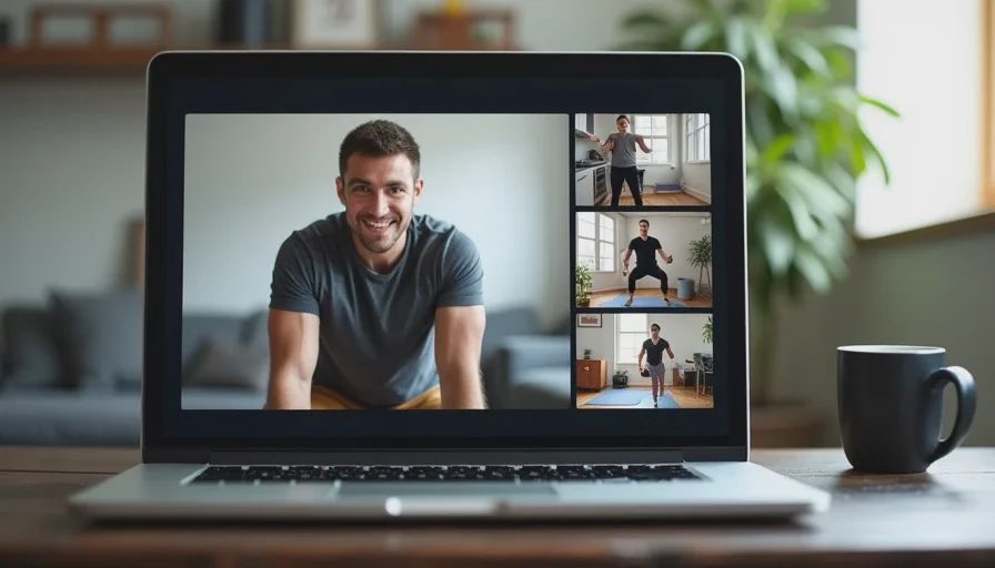 What a Sweat Together live stream actually looks like — messy and real A laptop screen showing a livestream workout with a grid of participants in their own living rooms, including a coach demonstrating a move and several people following along.