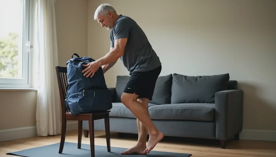 A simple functional fitness routine at home — sit-to-stand with a backpack A 55-year-old man performs a sit-to-stand from a sturdy wooden chair in his living room, with a loaded backpack on his lap, practicing a functional squat pattern.