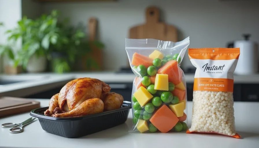 Unapologetic shortcuts — rotisserie chicken, frozen vegetables, microwave rice A grocery store rotisserie chicken in its container sits next to a bag of frozen mixed vegetables and a microwavable rice pouch on a kitchen counter, showing simple meal prep shortcuts.
