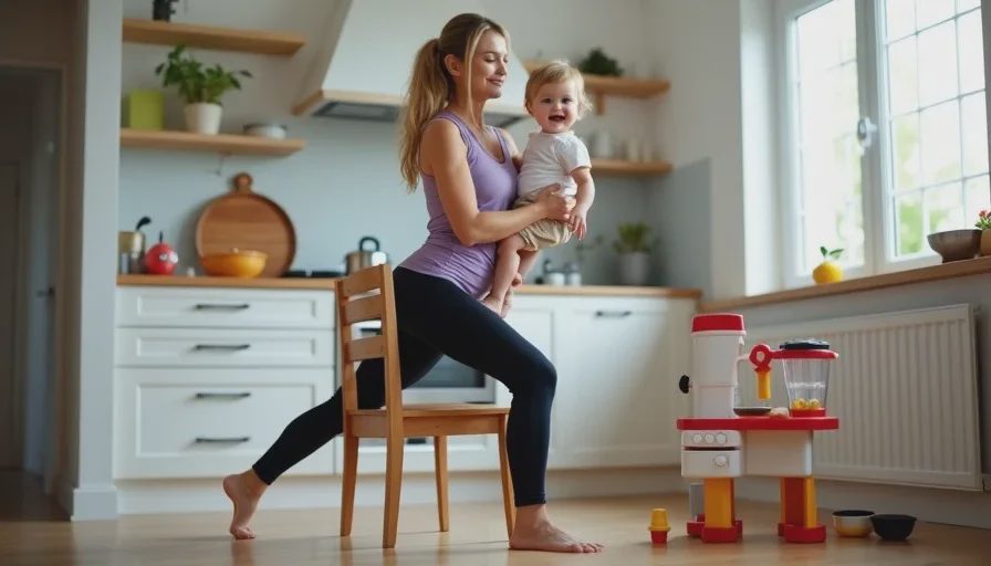 Sit-to-stand practice with a toddler — building strength for daily parenting A woman in her 40s practices a sit-to-stand from a kitchen chair while holding a small toddler, with a toy kitchen set visible in the background.
