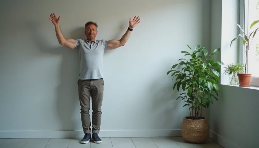 Wall slide for shoulder mobility — a simple office-friendly move A 45-year-old man performs a wall slide exercise against an office wall, with his arms in a goalpost position and his back flat against the wall.