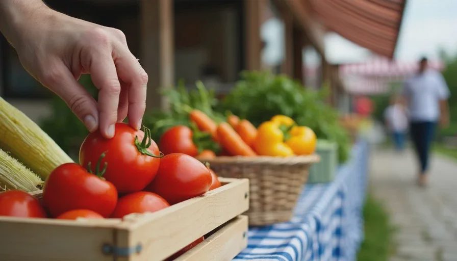 A wooden crate filled with fresh tomatoes, sweet corn, and bell peppers on a farmers market table, with a hand reaching for a tomato and a basket of produce nearby.