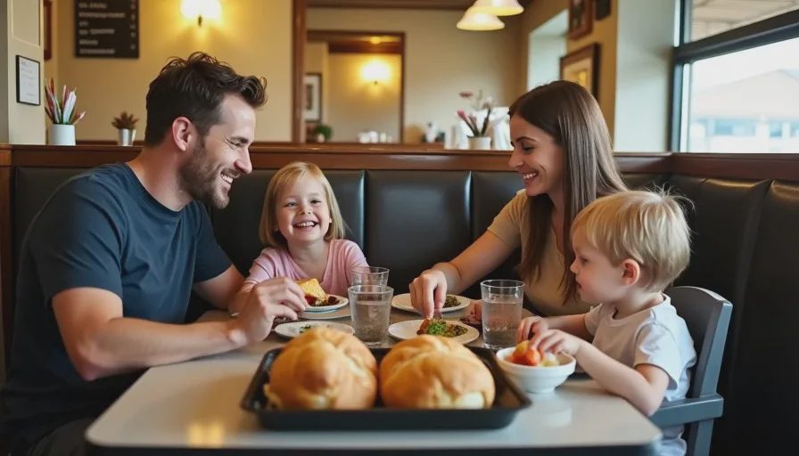 Corey Nelson sits at a small table with his wife Beth and two kids, sharing a plate of Runza sandwiches and a bowl of salad, laughing and talking in a cozy diner.
