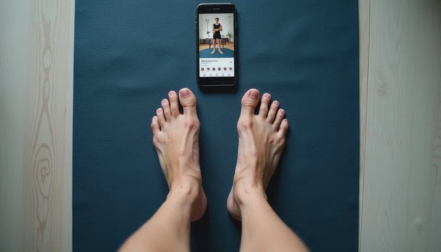 A phone camera set low on a yoga mat shows only a pair of bare feet and lower legs, with the screen displaying a live workout, symbolizing a camera-shy participant joining with camera off or angled at feet.