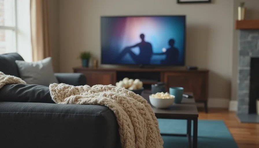 Binge-watching and working out — the inspiration behind the workout names A cozy living room couch with a chunky knit blanket, a bowl of popcorn, and a TV showing a paused show title, with a yoga mat partially unrolled on the floor in front.