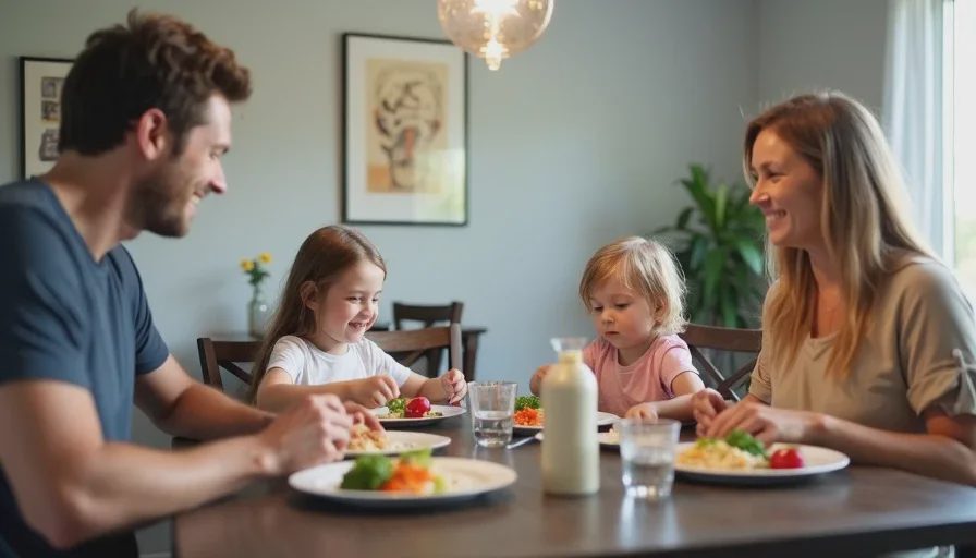 Family dinner without diet stress — just plates that work A family of four sits at the dinner table with plates built using the plate method — half vegetables, quarter protein, quarter carbs — smiling and talking casually.
