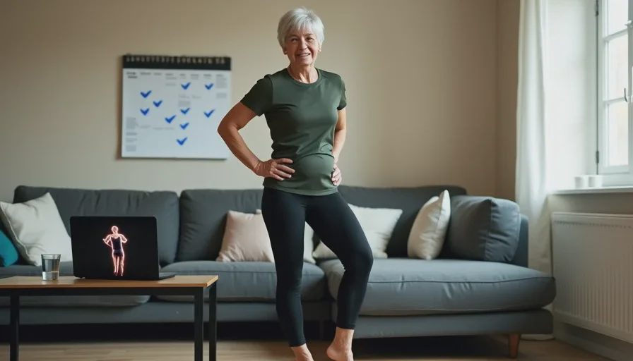 A woman in her 50s follows a livestream workout on her laptop in a cozy living room, with a checkmark calendar visible on the wall behind her and a glass of water on the floor.