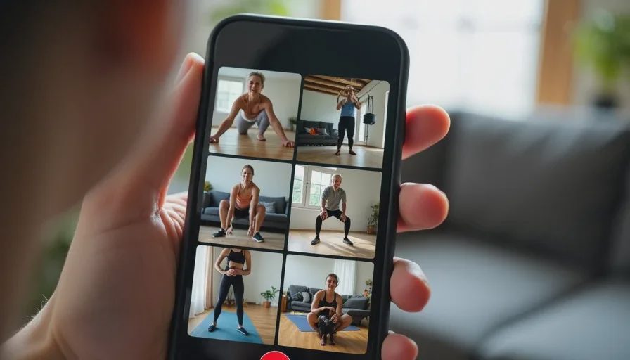 A close-up of a phone screen displaying a workout livestream grid with multiple participants in different rooms, some showing faces, some showing only feet or yoga mats, all following along.