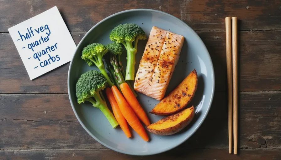 The plate method in practice — half vegetables, quarter protein, quarter carbs A simple dinner plate with half vegetables, a quarter salmon fillet, and a quarter sweet potato wedges, next to a handwritten note that says "half veg, quarter protein, quarter carbs."