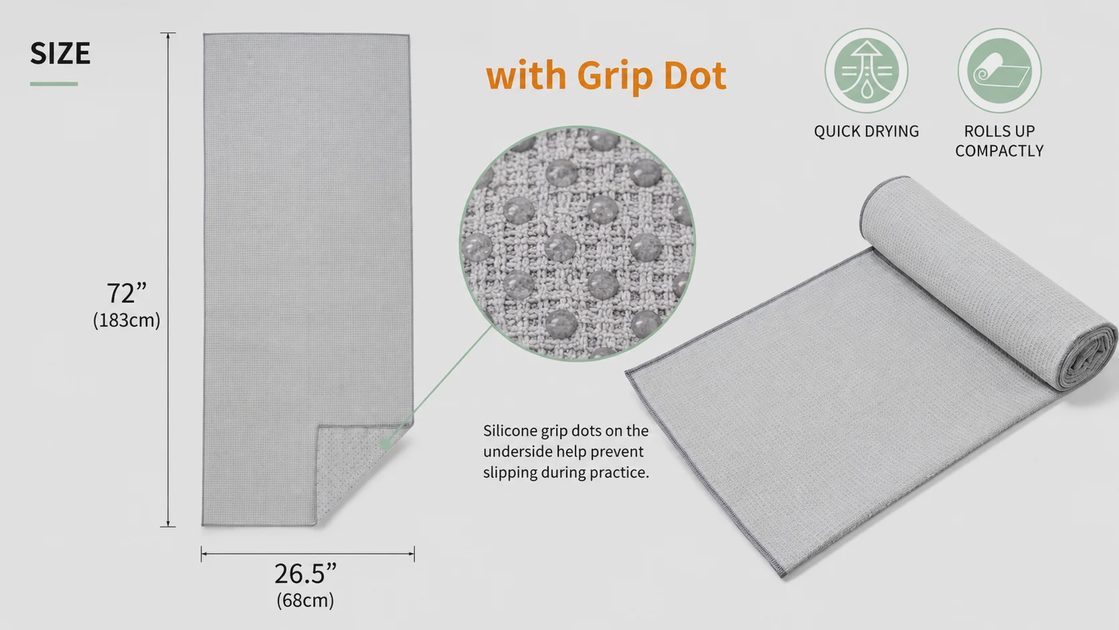 CYCLXY Yoga Towel Specs: 72" × 26.5" full mat coverage, silicone grip dot backing, quick-dry microfiber CYCLXY yoga towel size and features infographic — 72 x 26.5 inches, silicone grip dots, quick drying, compact roll