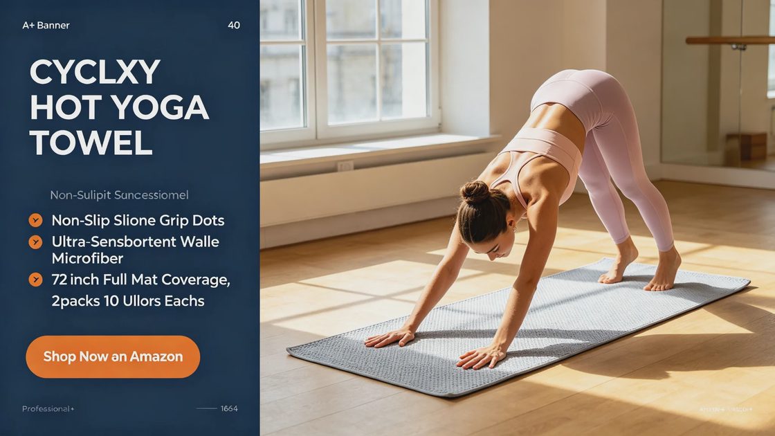 CYCLXY Hot Yoga Towel — non-slip silicone grip dots, ultra-absorbent waffle microfiber, 72" full mat coverage Woman doing downward dog on CYCLXY non-slip yoga towel in bright studio, A+ banner with grip dot features