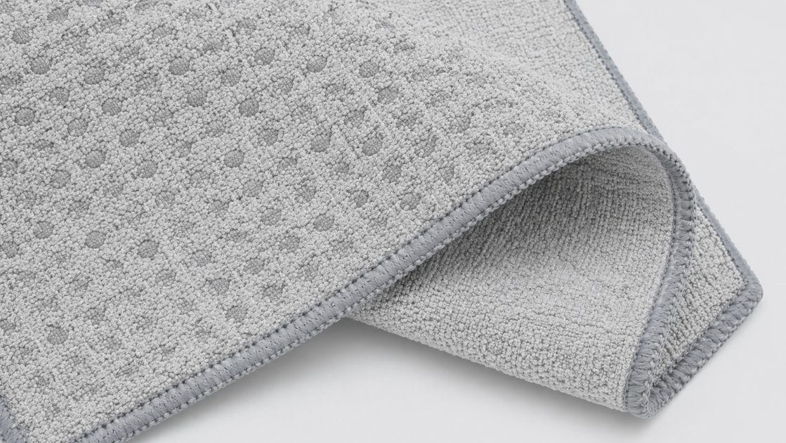 CYCLXY towel build quality — durable waffle microfiber, secure silicone grip dots, clean sewn edges that hold up after washes Macro close-up of CYCLXY yoga towel waffle-weave texture, silicone grip dots, and gray binding edge on white background