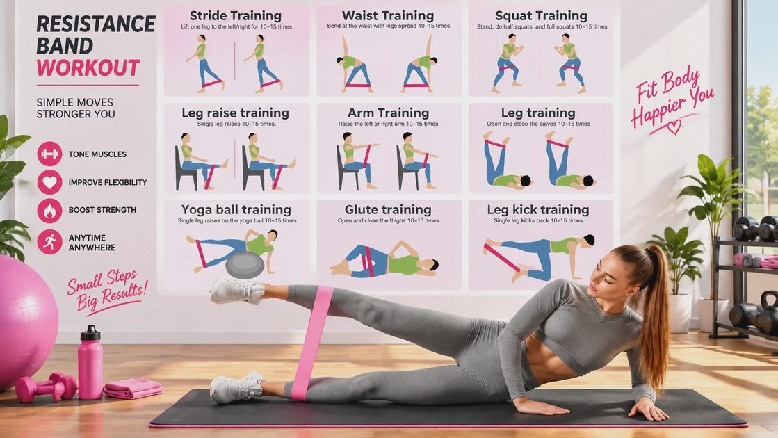 JAKKOFOXX Resistance Band Workout Guide JAKKOFOXX resistance band workout guide with nine illustrated exercises and a woman doing a lateral leg raise