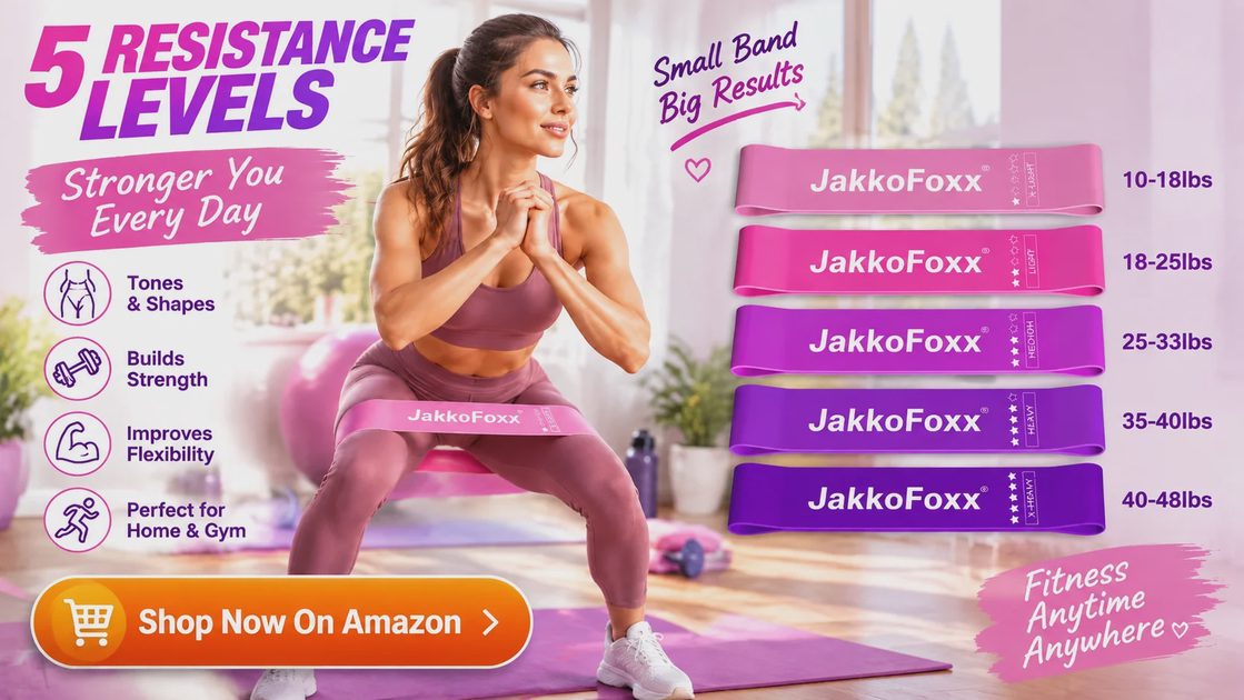 JAKKOFOXX Resistance Loop Exercise Bands JAKKOFOXX resistance loop exercise bands with five color-coded resistance levels and a woman doing a squat with the band at home